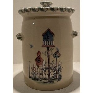 Marshall Pottery Bean Pot ￼￼Birdhouses Design 8.5” x 6” With Lid Vintage Pot NEW
